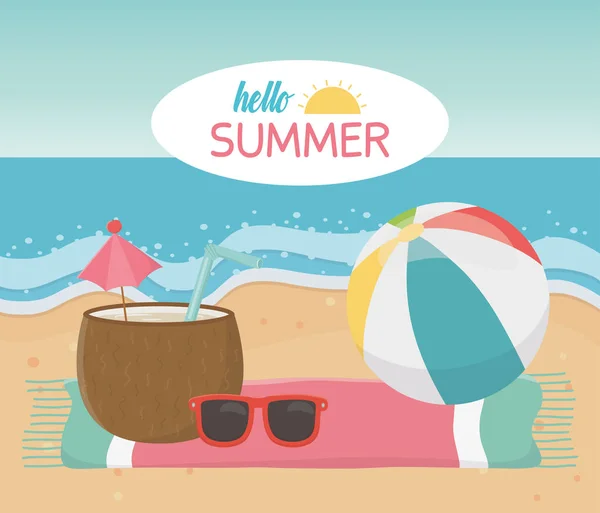 Hello summer travel and vacation beach ball coconut cocktail — Διανυσματικό Αρχείο