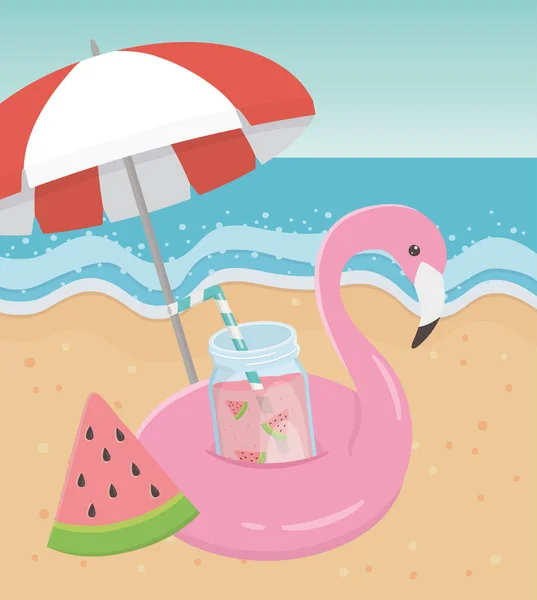 Nyári utazás és nyaralás float flamingo esernyő lé görögdinnye strand — Stock Vector