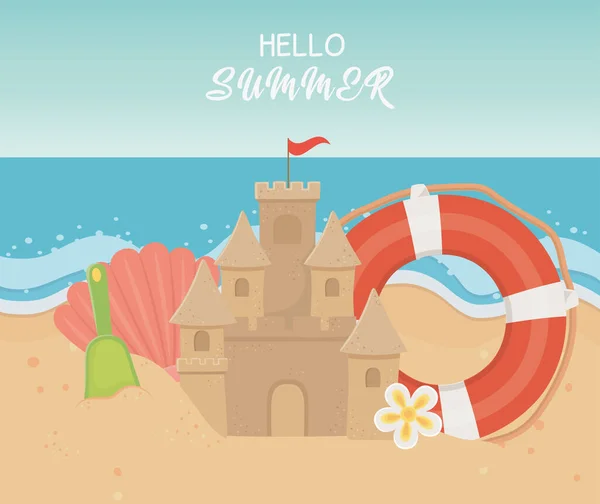 Summer travel and vacation lifebuoy sand castle shell shovel flower beach — Stock Vector