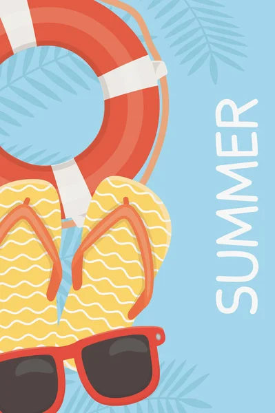 Zomer reizen en vakantie teenslippers zweven en zonnebril banner — Stockvector