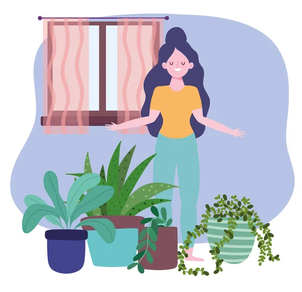 Ficar em casa, menina com decoração de plantas de sala, auto-isolamento, atividades em quarentena para coronavírus —  Vetores de Stock