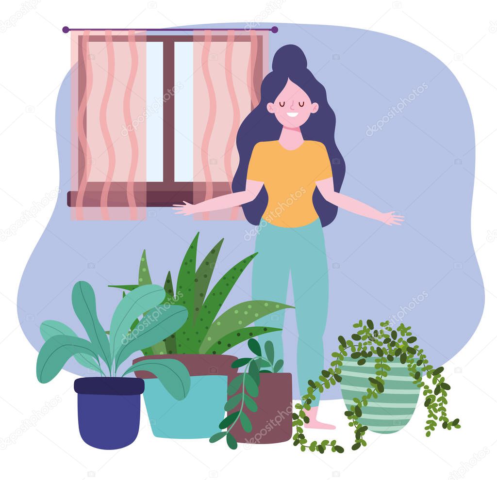 stay at home, girl with houseplants decoration, self isolation, activities in quarantine for coronavirus