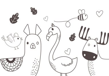 Şirin hayvanlar, vahşi hayat çizgi filmlerini çizerler. Sevimli alpaka kuşu flamingo ve ren geyiği.