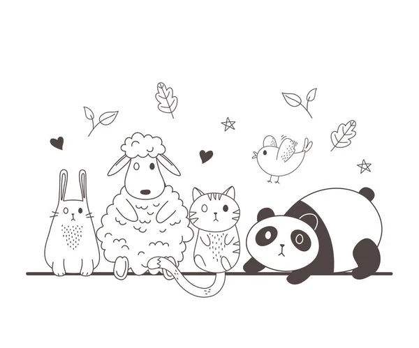 Animales lindos bosquejo fauna dibujos animados adorable panda oveja conejo gato y pájaro — Archivo Imágenes Vectoriales