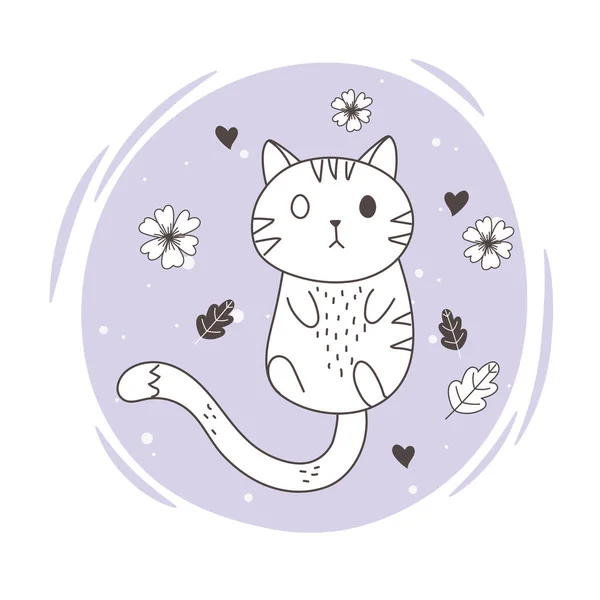 かわいい動物のスケッチ野生動物の漫画愛らしい猫の花の葉 — ストックベクタ