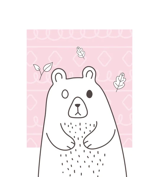 Niedliche Tiere skizzieren Tierwelt Cartoon liebenswert Bär Blätter Laub rosa Hintergrund — Stockvektor