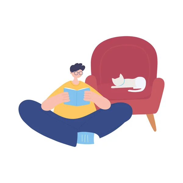 Séjour à la maison, lecture de garçons sur canapé avec chat, isolement personnel, activités en quarantaine pour le coronavirus — Image vectorielle