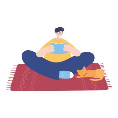 Yerde kedili kitap okuyan genç adam izole edilmiş simge beyaz arkaplan