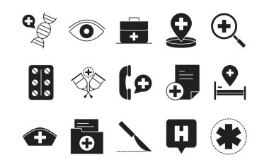 Sağlık hizmeti tıbbi ve hastane piktogram siluet tarzı simge kümesi