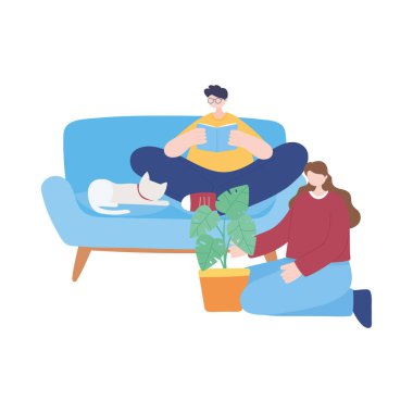 Evde kalıp kitap okuyan adam ve bitkisel hayata girmiş kız Coronavirus karantinasında faaliyet gösteriyor.