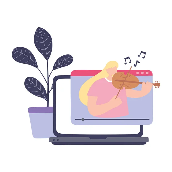 Stay at home, girl playing fiddle online concert, self isolation, activities in quarantine for coronavirus — Stock Vector