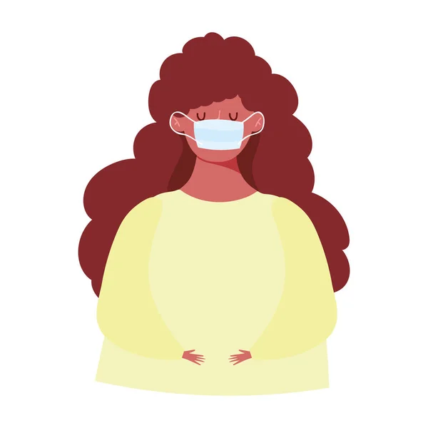 Covid 19 coronavirus, giovane donna con maschera medica, prevenzione focolaio, isolato icona disegno sfondo bianco — Vettoriale Stock