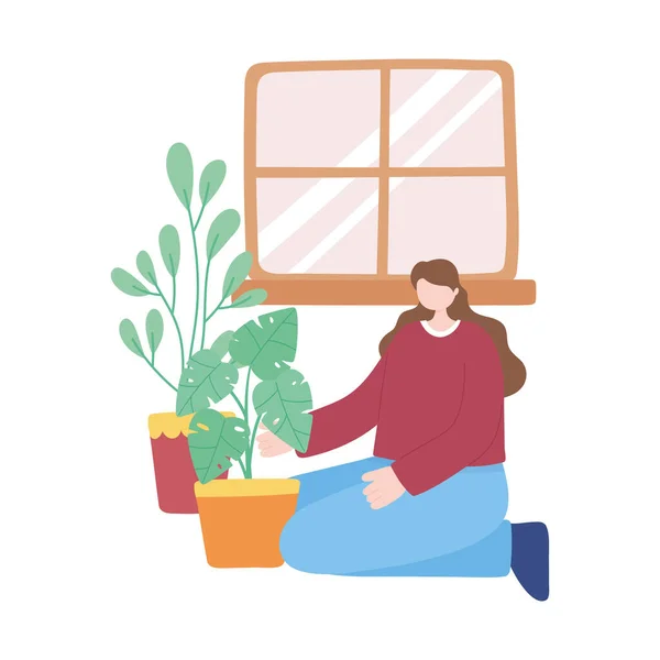 Μείνετε στο σπίτι, κορίτσι φροντίζει για τα φυτά του σπιτιού, αυτο-απομόνωση, δραστηριότητες σε καραντίνα για coronavirus — Διανυσματικό Αρχείο