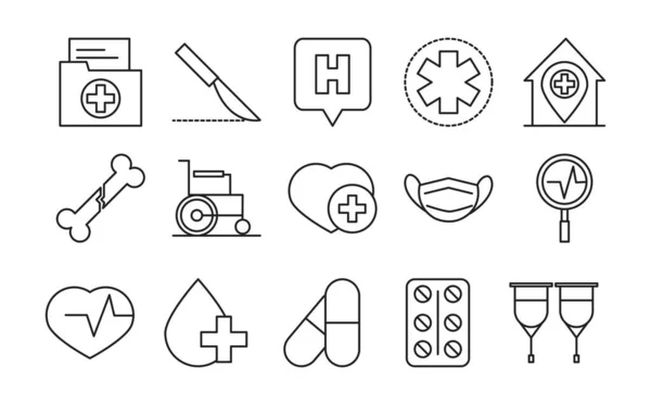 Salud médica y hospitalaria pictograma línea estilo iconos conjunto — Vector de stock