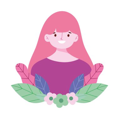 Genç kadın karakter çiçekleri yaprak ikonu tasarımı bırakır