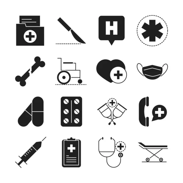 Salud médico y hospital pictograma silueta estilo icono s conjunto — Vector de stock