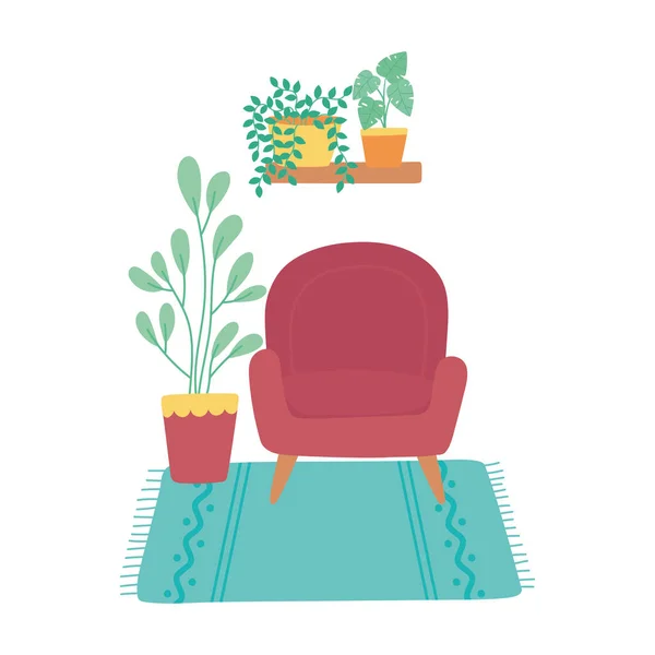 Silla con plantas en maceta y alfombra decoración interior del hogar — Vector de stock