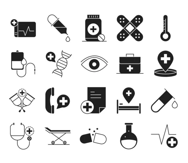 Gezondheidszorg medische en ziekenhuis pictogram silhouet stijl pictogram s set — Stockvector