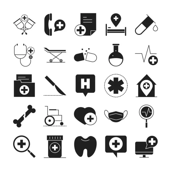 Gesundheitswesen medizinische und Krankenhaus Piktogramm Silhouette Stil-Ikone s Set — Stockvektor