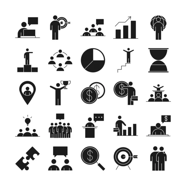 Business people financial money business management developing successful icons set line style — Archivo Imágenes Vectoriales