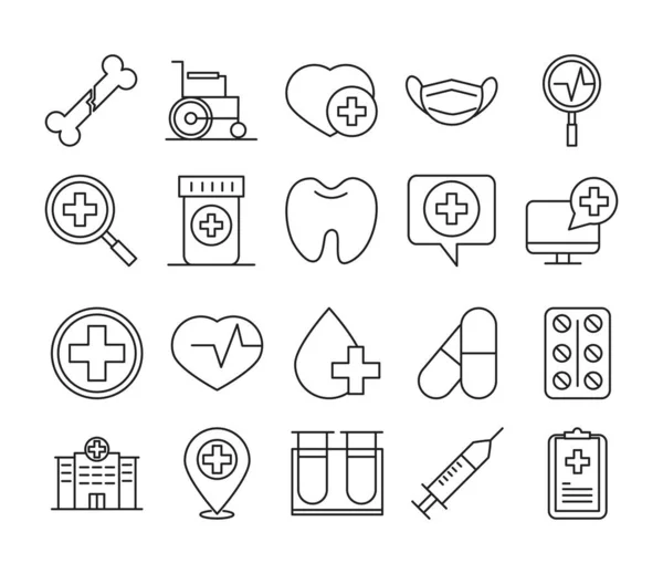 Gesundheitswesen medizinische und Krankenhaus Piktogrammlinie Stil-Symbole gesetzt — Stockvektor