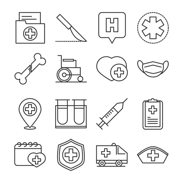 Set di icone della linea di pittogrammi medici e ospedalieri sanitari — Vettoriale Stock