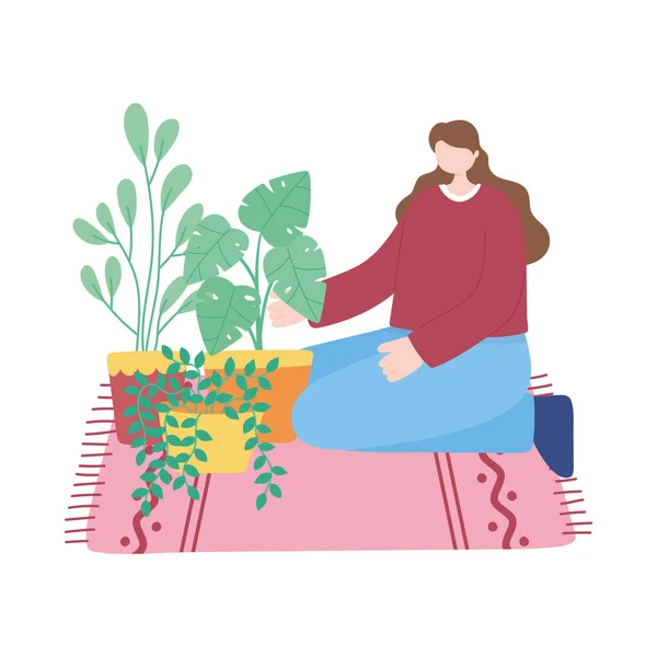 呆在家里，女孩照顾家庭植物，自我隔离，进行验尸活动 — 图库矢量图片