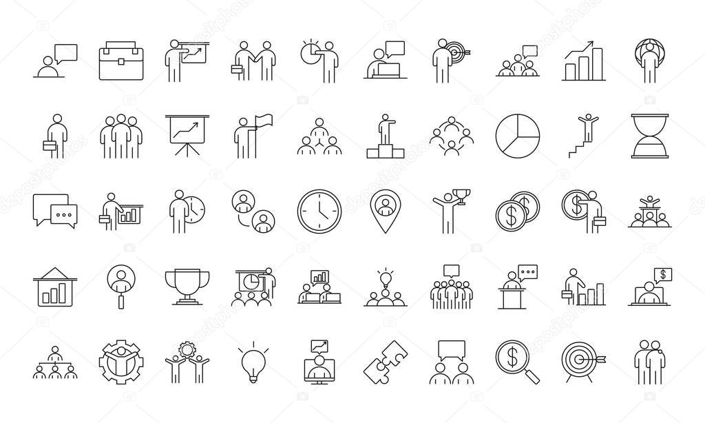 businesspeople financial money business management developing successful icons set line style