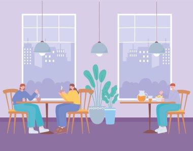 Restoran sosyal mesafesi, restoranda yemek yiyen insanlar, covid 19 salgını, koronavirüs enfeksiyonunun önlenmesi.