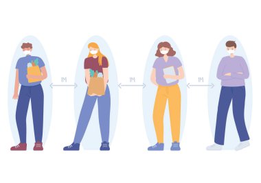 İnsanlar enfeksiyon riski ve hastalık için mesafeyi koruyorlar, virüs kovid 19 koronavirüsü önlemek için tıbbi maske takıyorlar.