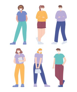 Covid 19 Coronavirus Sosyal Mesafe Önleme, cerrahi maskeler giyen insanlar Mesafeli ayakta