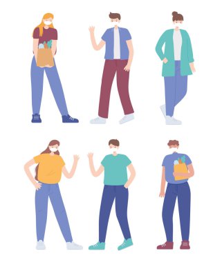 covid 19 koronavirüs sosyal mesafe önleme, tıbbi yüz maskesi ile insanlar arasında mesafe