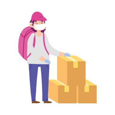 Coronavirus covid 19 sırasında eve güvenli teslimat, bakkal çantası taşıyan kurye adamlar ve müşteri için kutular