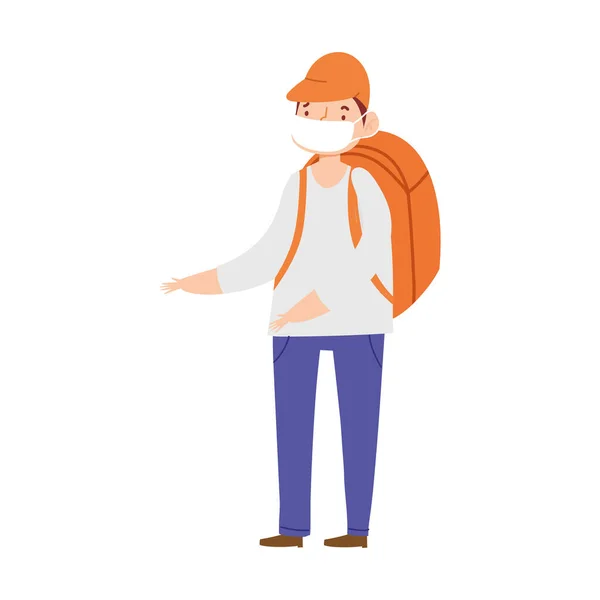 年轻男子与医疗面具和背包隔离图标设计 — 图库矢量图片