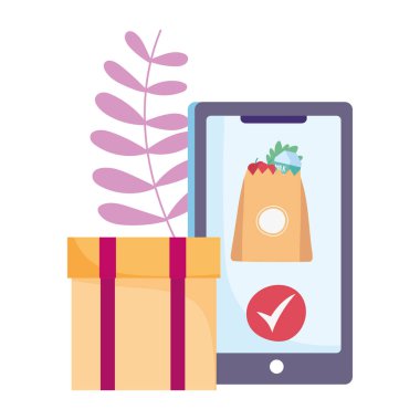 Coronavirus covid 19 sırasında eve güvenli teslimat, akıllı telefon karton kutu market poşeti yiyecek kontrol uygulaması