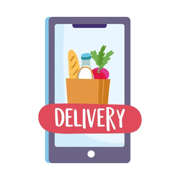 Safe delivery at home during coronavirus covid 19 , smartphone order food grocery bag — Stock Vector