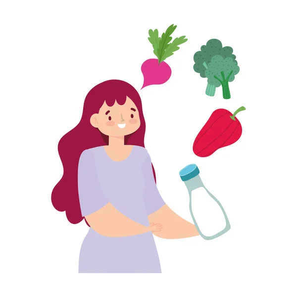 Mujer joven con alimentos saludables verduras y botella de leche diseño aislado — Vector de stock