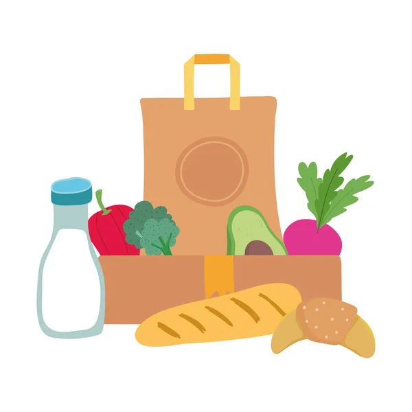 Market poşeti ve sebzeli kutu süt şişesi ve izole edilmiş ekmek ikonu tasarımı — Stok Vektör