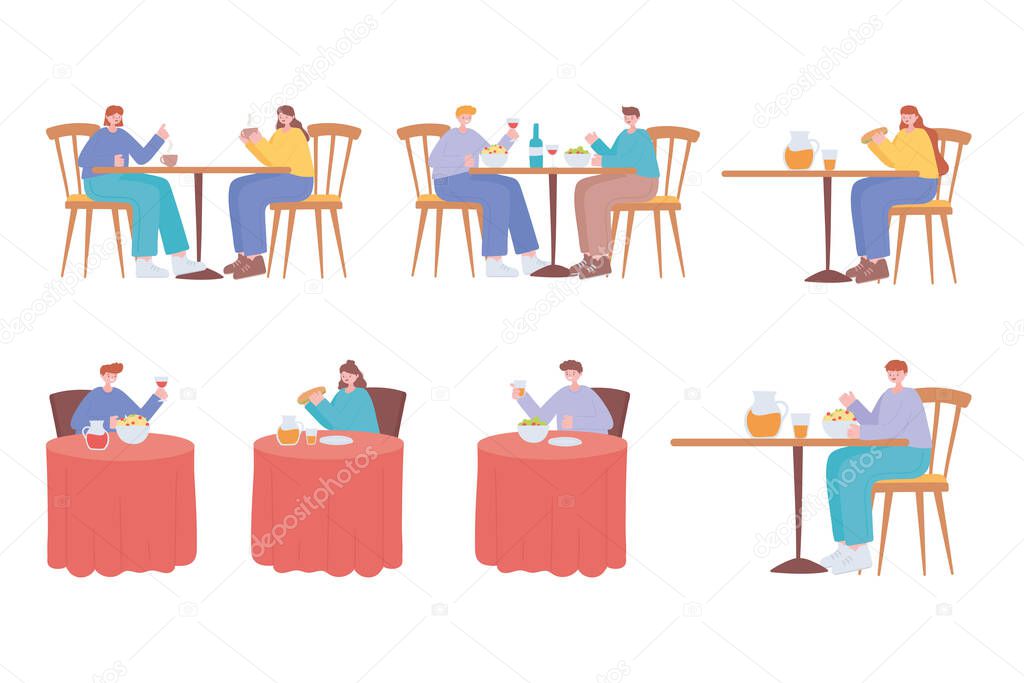 restaurant social distancing, people sit a distance apart in food place, covid 19 pandemic, prevention of coronavirus infection