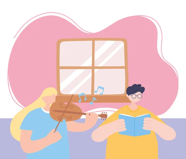 Stay at home, girl playing fiddle and boy reading book in room, self isolation, activities in quarantine for coronavirus — Stock Vector