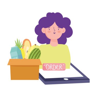 Online market, akıllı telefon siparişi kutuda yemek, markette teslimat.
