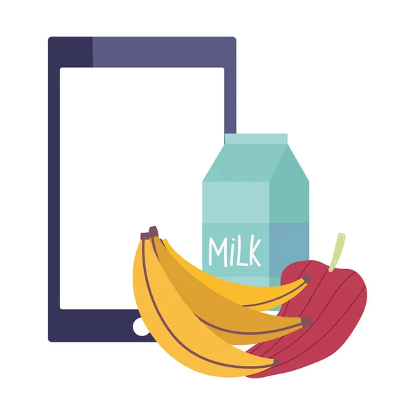 Online αγορά, smartphone μπανάνα πιπέρι και το γάλα, τροφίμων παντοπωλείο κατ 'οίκον παράδοση — Διανυσματικό Αρχείο