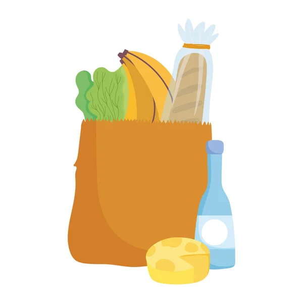Tüte Käseflasche Brot Banane und Salat, Essenslieferung im Lebensmittelgeschäft — Stockvektor
