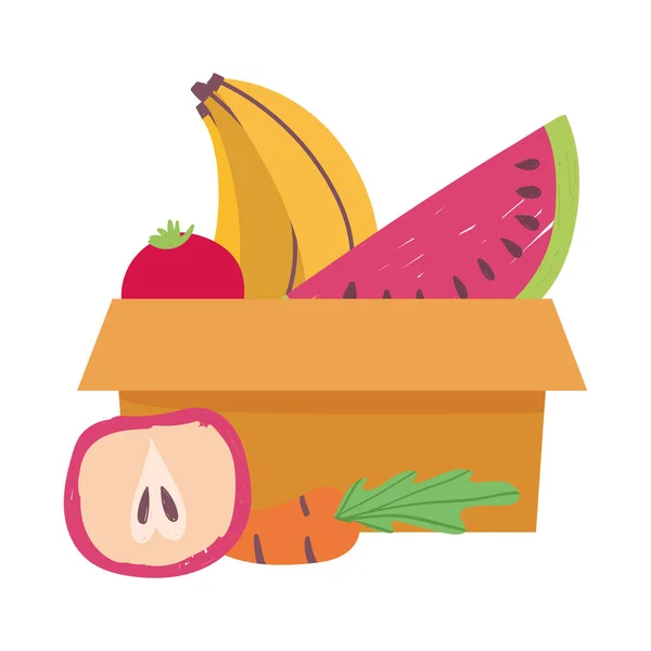 Caja de cartón sandía plátano y manzana, entrega de alimentos en la tienda de comestibles — Archivo Imágenes Vectoriales