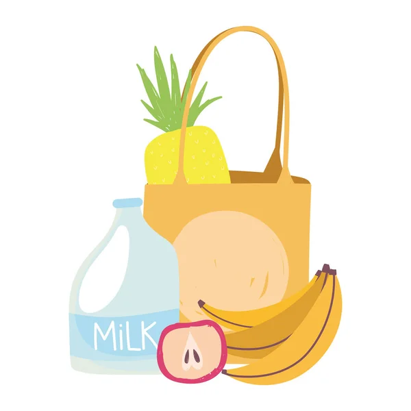 Saco de maçã de banana de leite, entrega de alimentos no supermercado — Vetor de Stock