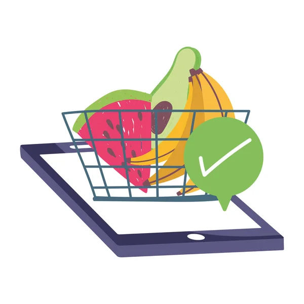 Online piac, okostelefon kosár ellenőrzés jelölés gyümölcs, élelmiszer-szállítás élelmiszer-boltban — Stock Vector