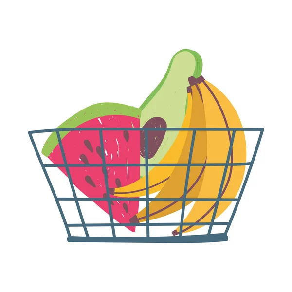 Warenkorb mit Wassermelone Avocado und Bananen isoliert Symbol-Design weißen Hintergrund — Stockvektor