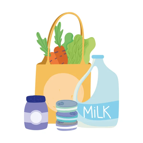 Milchbeutel Karottensalat, Essenslieferung im Lebensmittelgeschäft — Stockvektor