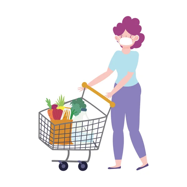 Mercato online, donna con maschera medica carrello supermercato, consegna di cibo nel negozio di alimentari — Vettoriale Stock