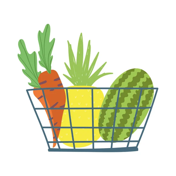 Cesta de la compra con zanahorias piña y sandía diseño icono aislado fondo blanco — Archivo Imágenes Vectoriales